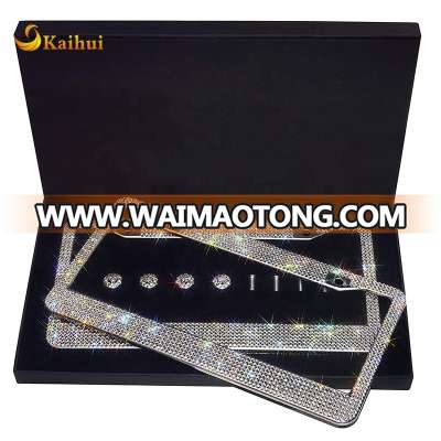 2 Pack Luxury Handcrafted Bling White Rhinestone Premium Stainless Steel License Plate Frame with GiftBox